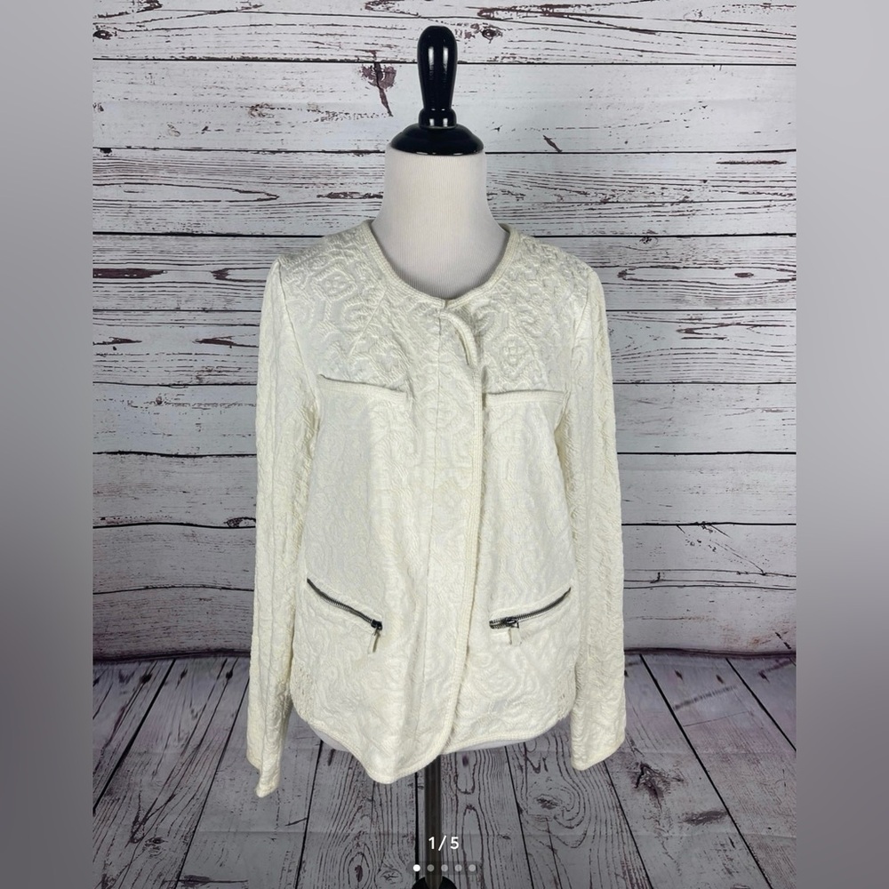 Anthropologie Moth Embroidered Ivory Full Zip Cotton Blazer Size Large solid